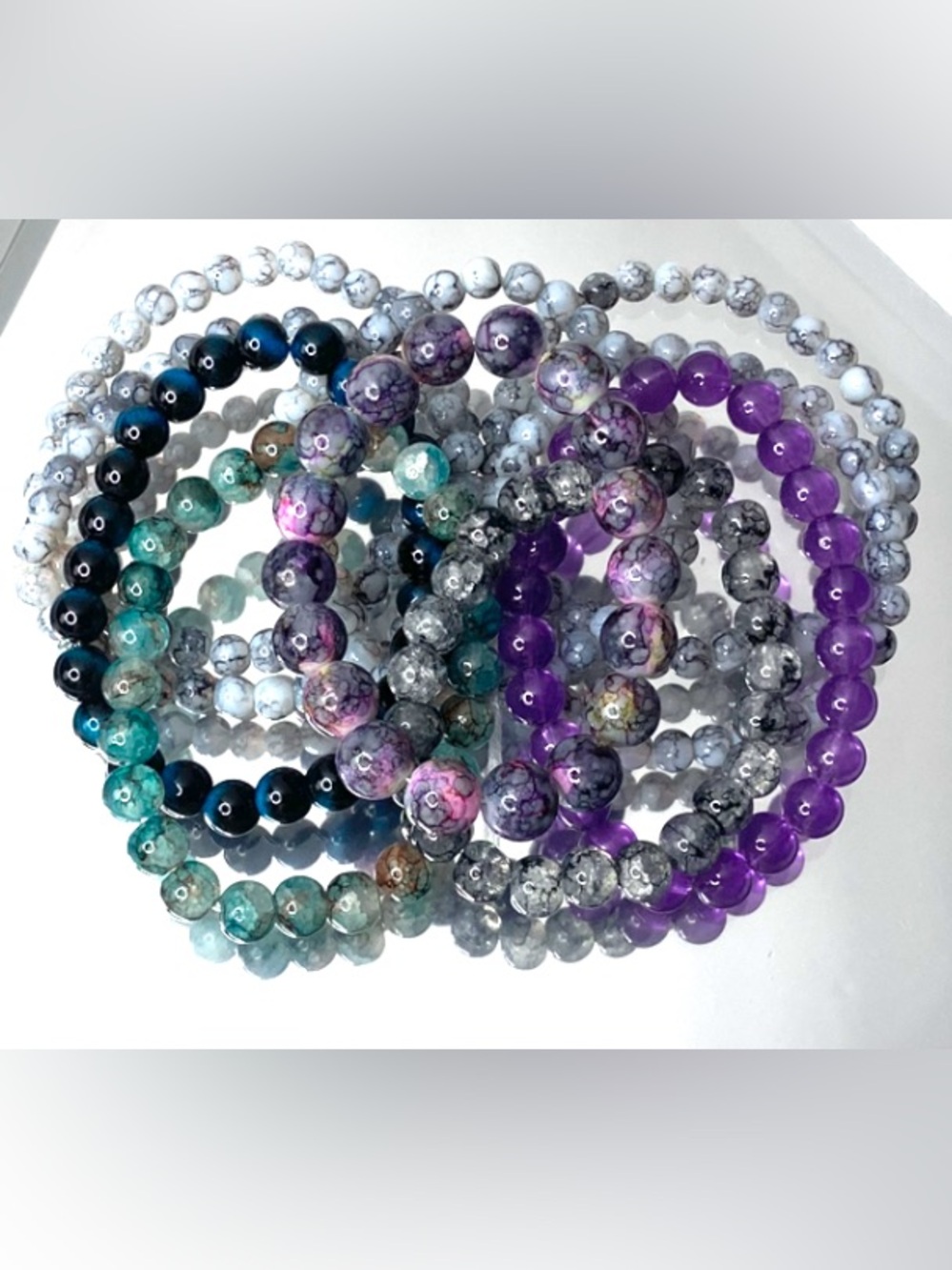 3 random glass Beaded  Bracelet Stack - Purple, Teal, Black, White